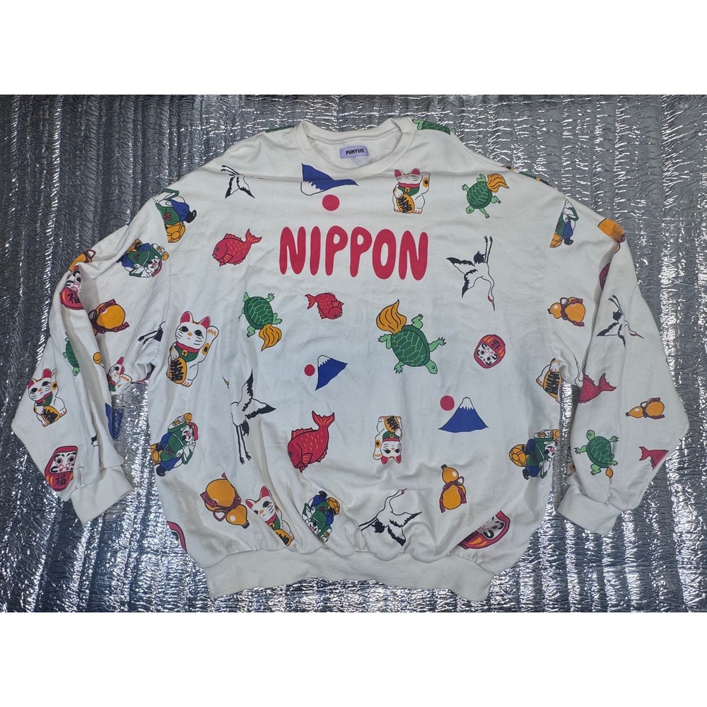 PUNYUS Nippon Graphic Oversized Sweatshirt White Japanese Icons Size 4